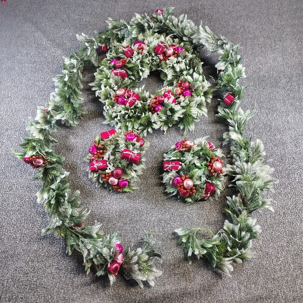 Vintage Christmas Decor Set Pink Green Frosted Garland Wreath Candle decor